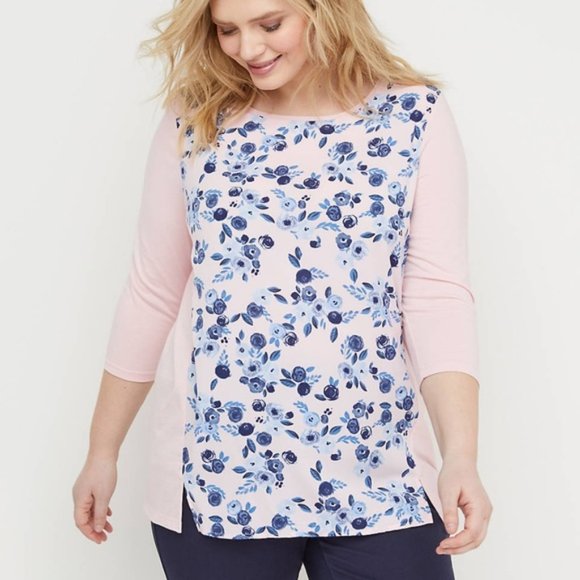 Lane Bryant Tops - Lane Bryant Pink Blue Floral Mixed Fabric Top